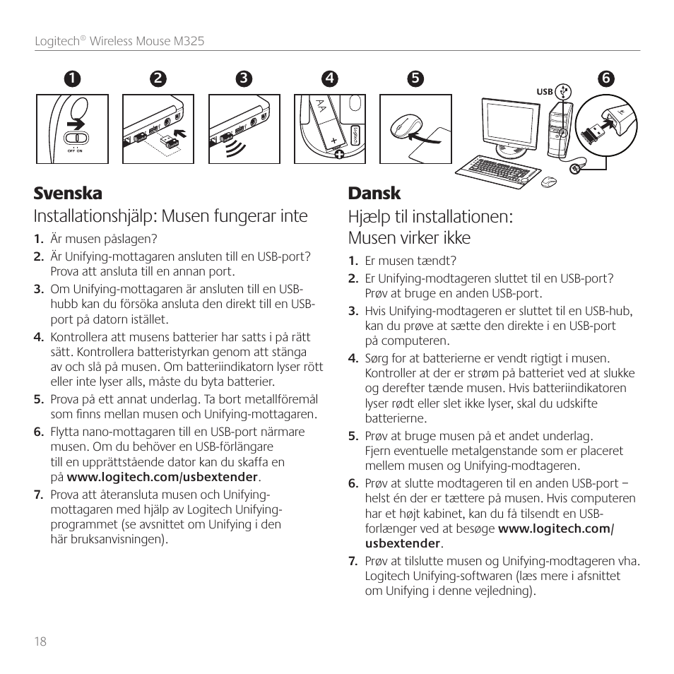 Svenska installationshjälp: musen fungerar inte, Dansk hjælp til installationen: musen virker ikke | Logitech M325 User Manual | Page 18 / 32