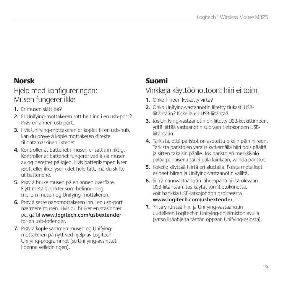 Suomi vinkkejä käyttöönottoon: hiiri ei toimi | Logitech M325 User Manual | Page 19 / 32