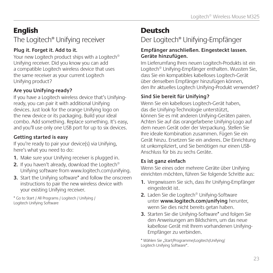 English the logitech® unifying receiver, Deutsch der logitech® unifying-empfänger | Logitech M325 User Manual | Page 23 / 32