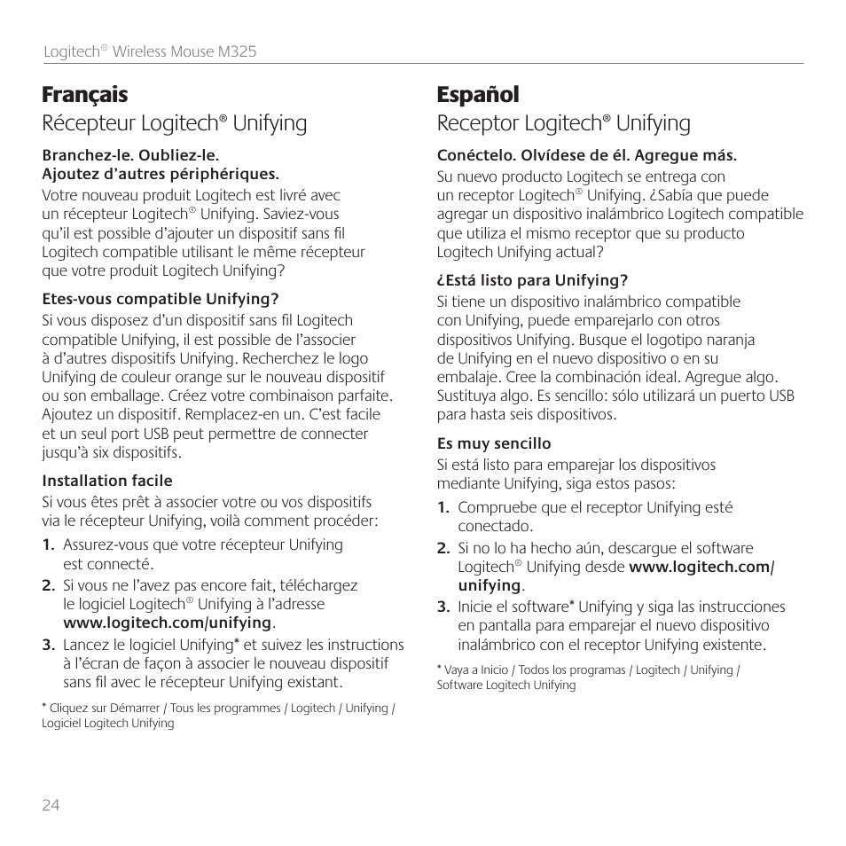 Français récepteur logitech® unifying, Español receptor logitech® unifying | Logitech M325 User Manual | Page 24 / 32