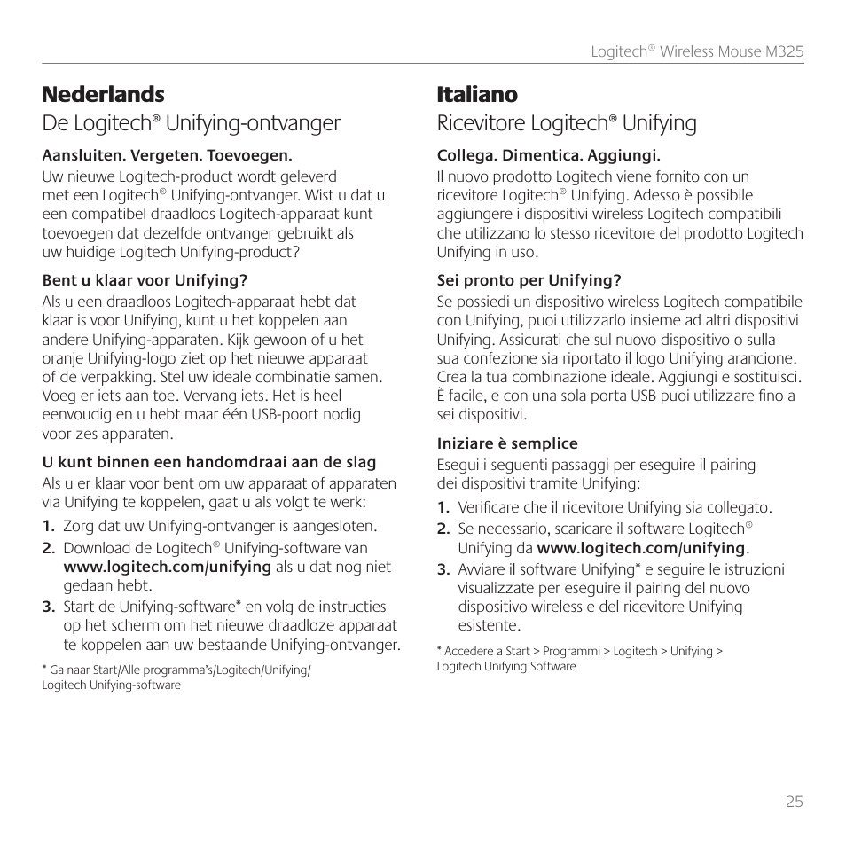 Nederlands de logitech® unifying-ontvanger, Italiano ricevitore logitech® unifying | Logitech M325 User Manual | Page 25 / 32