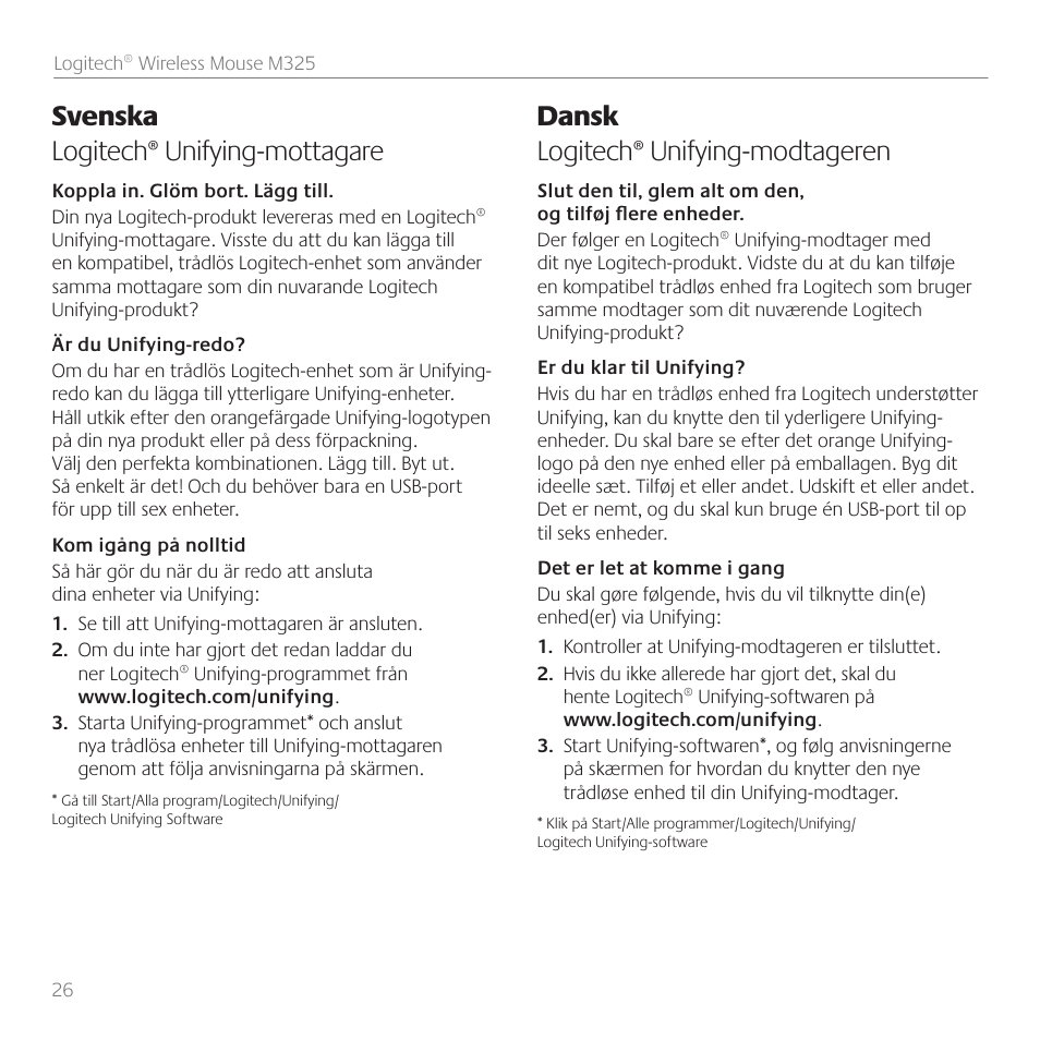 Svenska logitech® unifying-mottagare, Dansk logitech® unifying-modtageren | Logitech M325 User Manual | Page 26 / 32