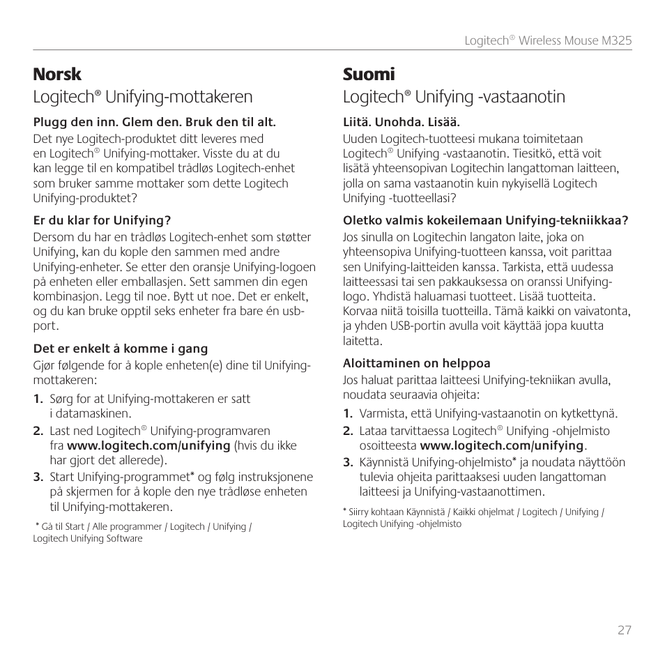Norsk logitech® unifying-mottakeren, Suomi logitech® unifying -vastaanotin | Logitech M325 User Manual | Page 27 / 32