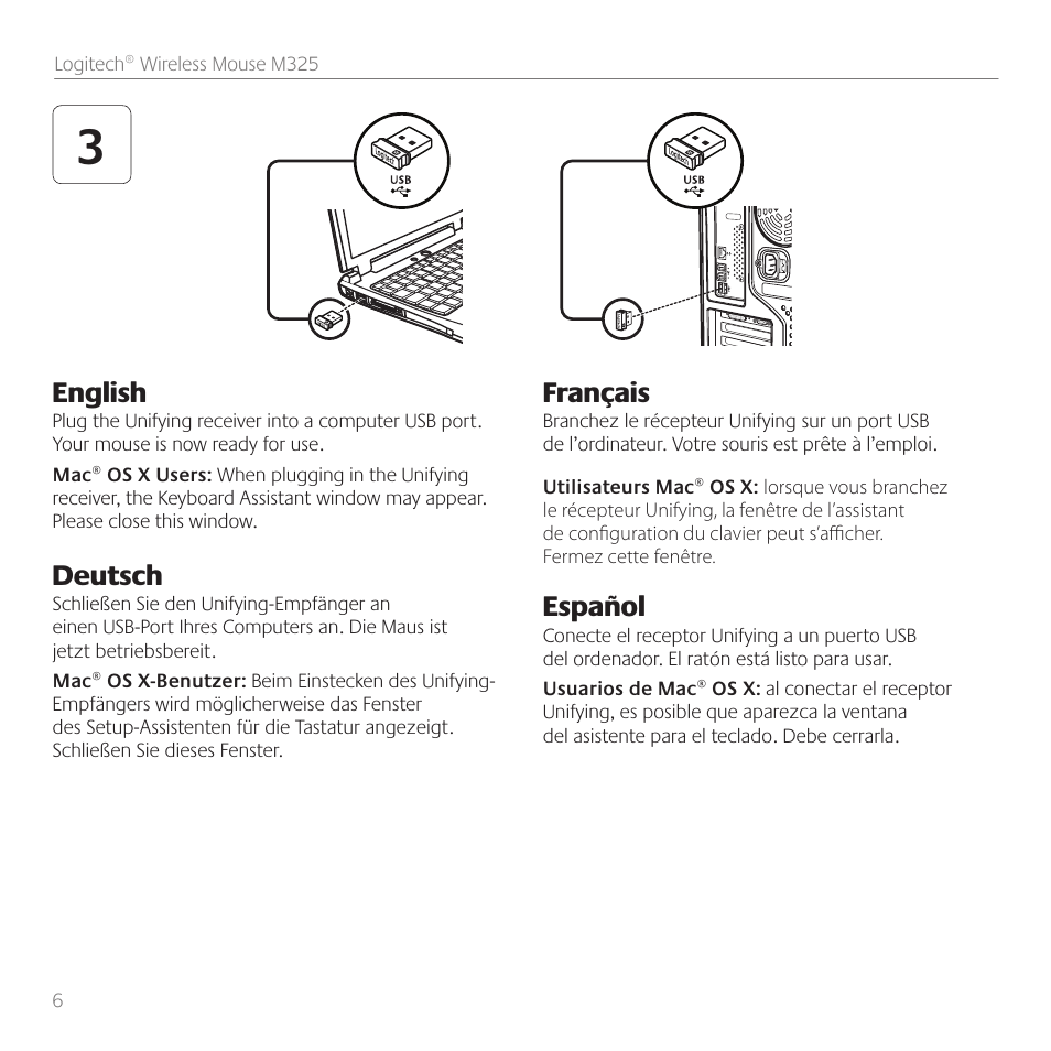 English, Deutsch, Français | Español | Logitech M325 User Manual | Page 6 / 32