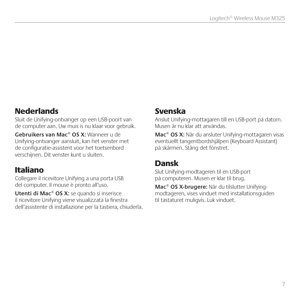 Nederlands, Italiano, Svenska | Dansk | Logitech M325 User Manual | Page 7 / 32