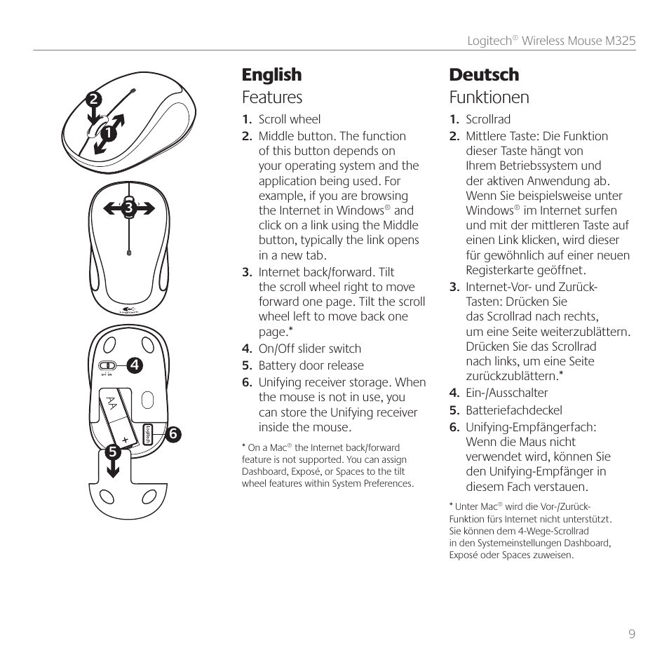 English features, Deutsch funktionen | Logitech M325 User Manual | Page 9 / 32