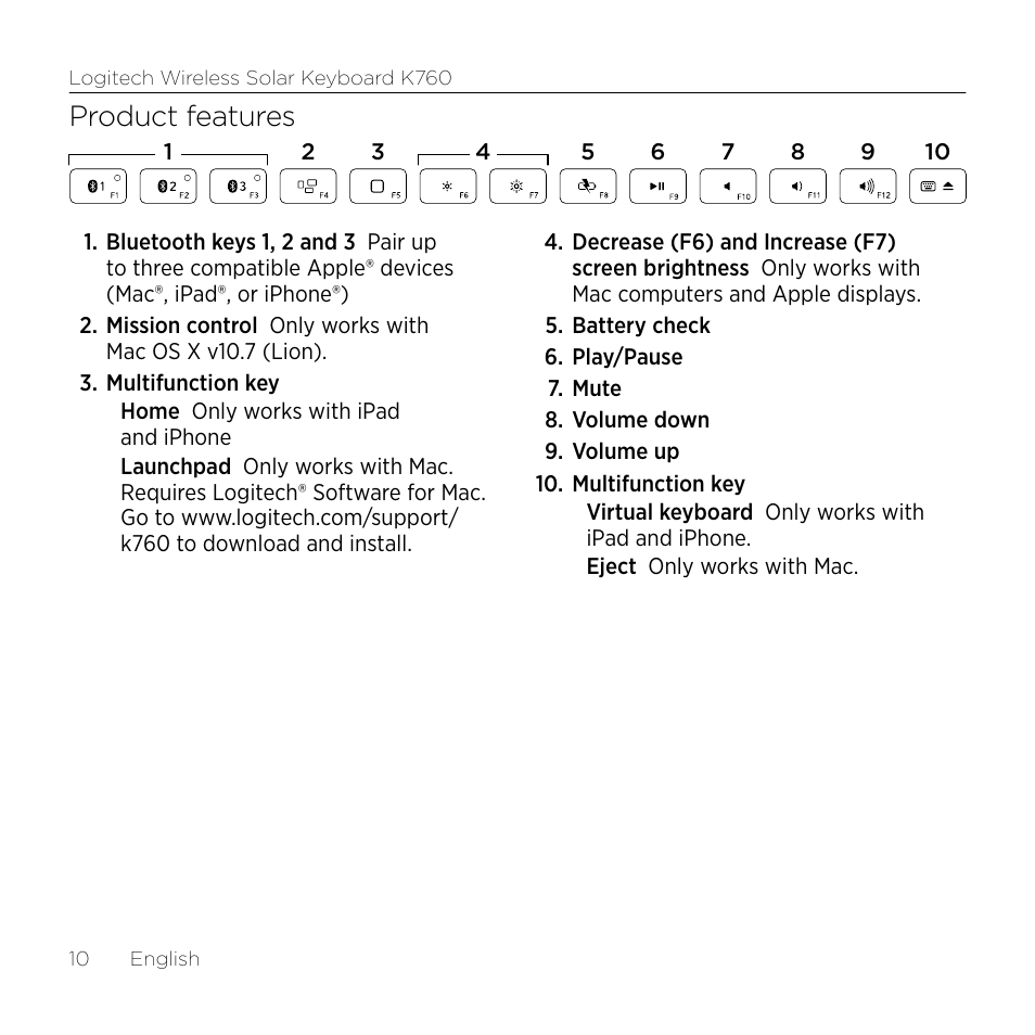 Product features | Logitech Keyboard K760 User Manual | Page 10 / 44