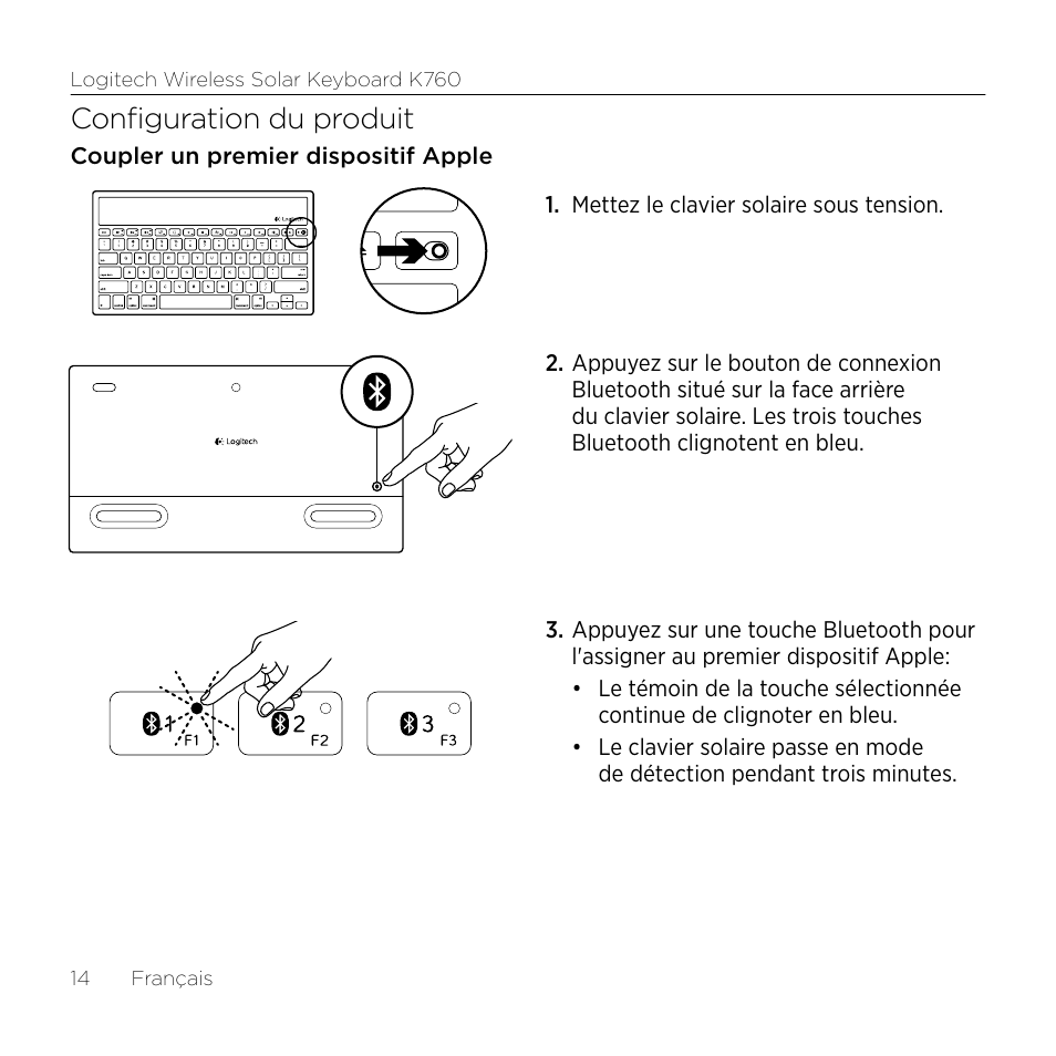 Configuration du produit | Logitech Keyboard K760 User Manual | Page 14 / 44