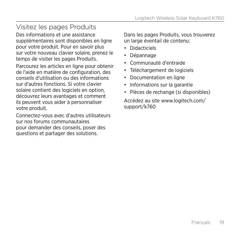 Visitez les pages produits | Logitech Keyboard K760 User Manual | Page 19 / 44
