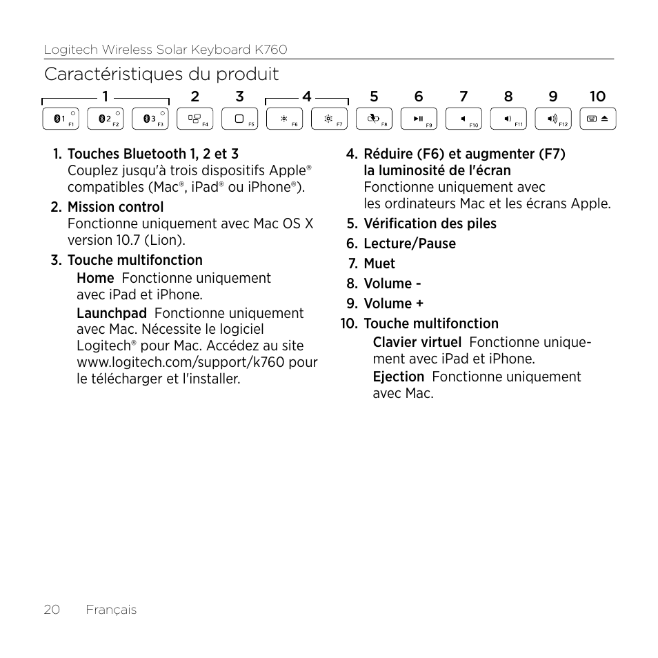 Caractéristiques du produit | Logitech Keyboard K760 User Manual | Page 20 / 44