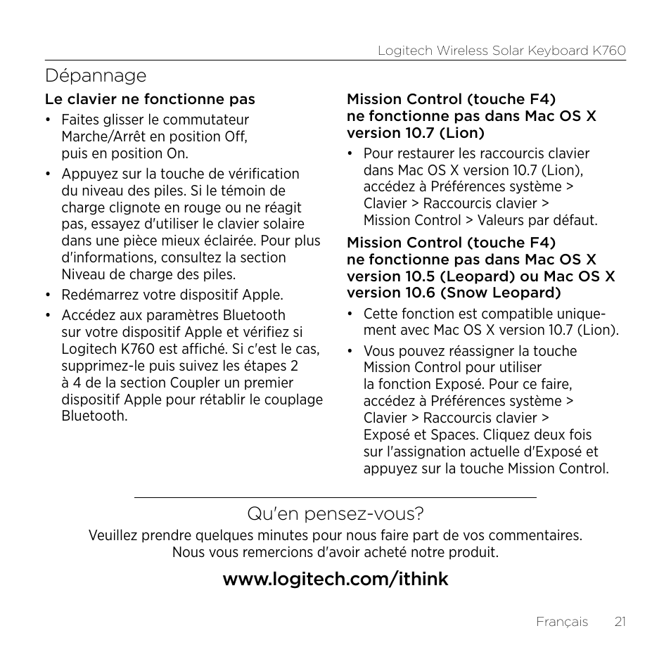 Dépannage, Qu'en pensez-vous | Logitech Keyboard K760 User Manual | Page 21 / 44