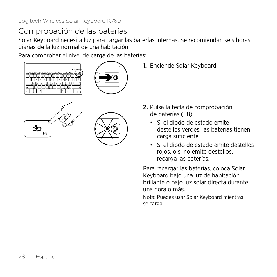 Comprobación de las baterías | Logitech Keyboard K760 User Manual | Page 28 / 44