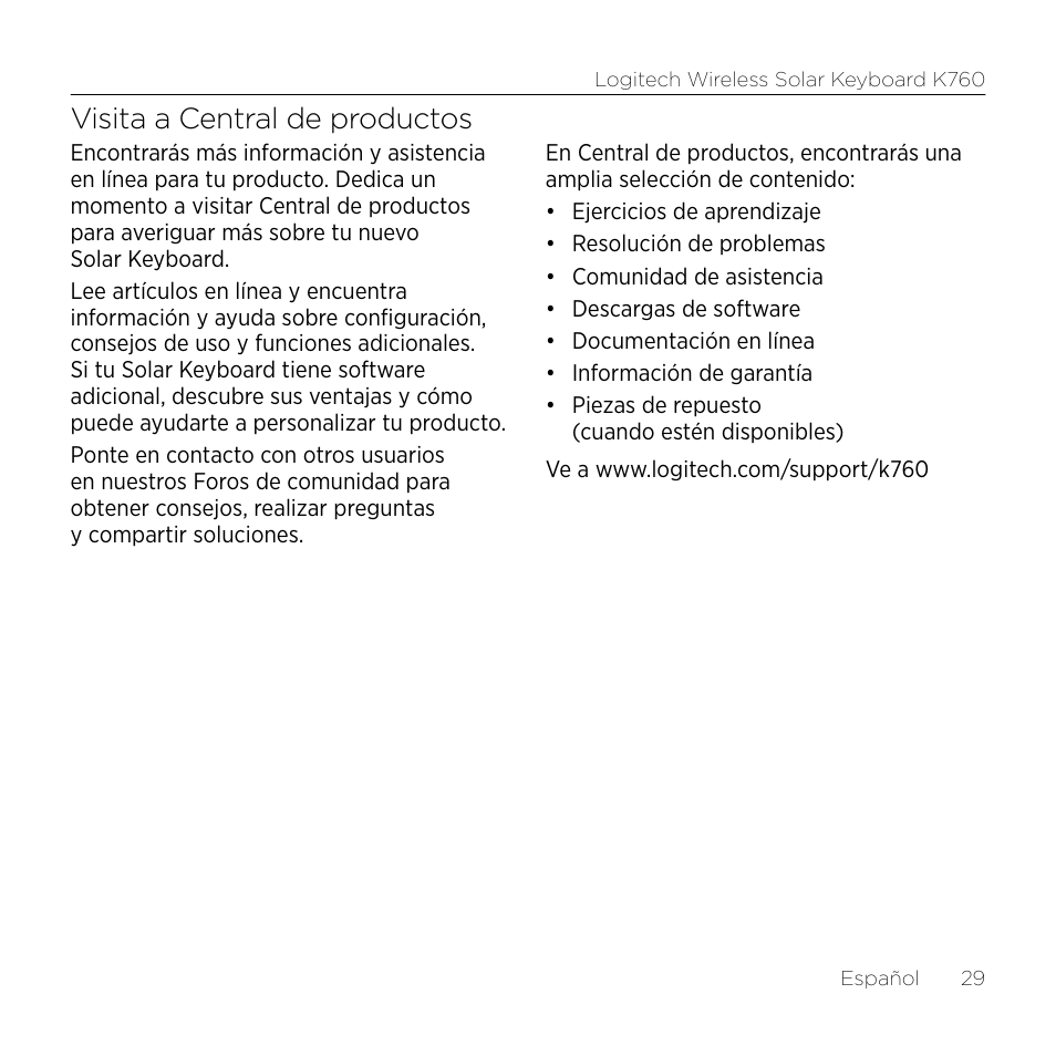 Visita a central de productos | Logitech Keyboard K760 User Manual | Page 29 / 44
