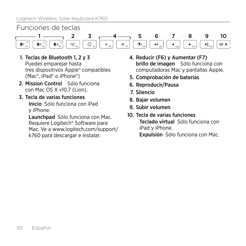 Funciones de teclas | Logitech Keyboard K760 User Manual | Page 30 / 44