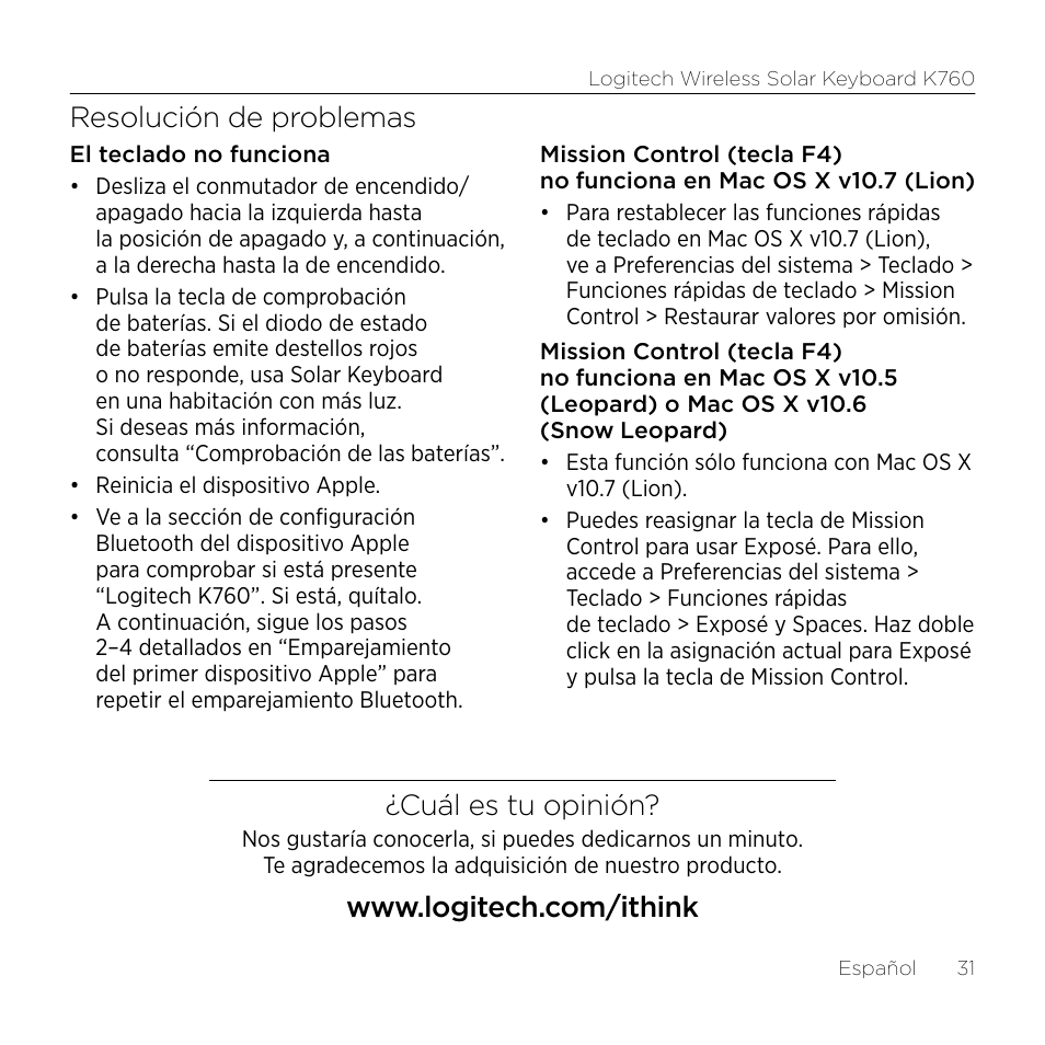 Resolución de problemas, Cuál es tu opinión | Logitech Keyboard K760 User Manual | Page 31 / 44