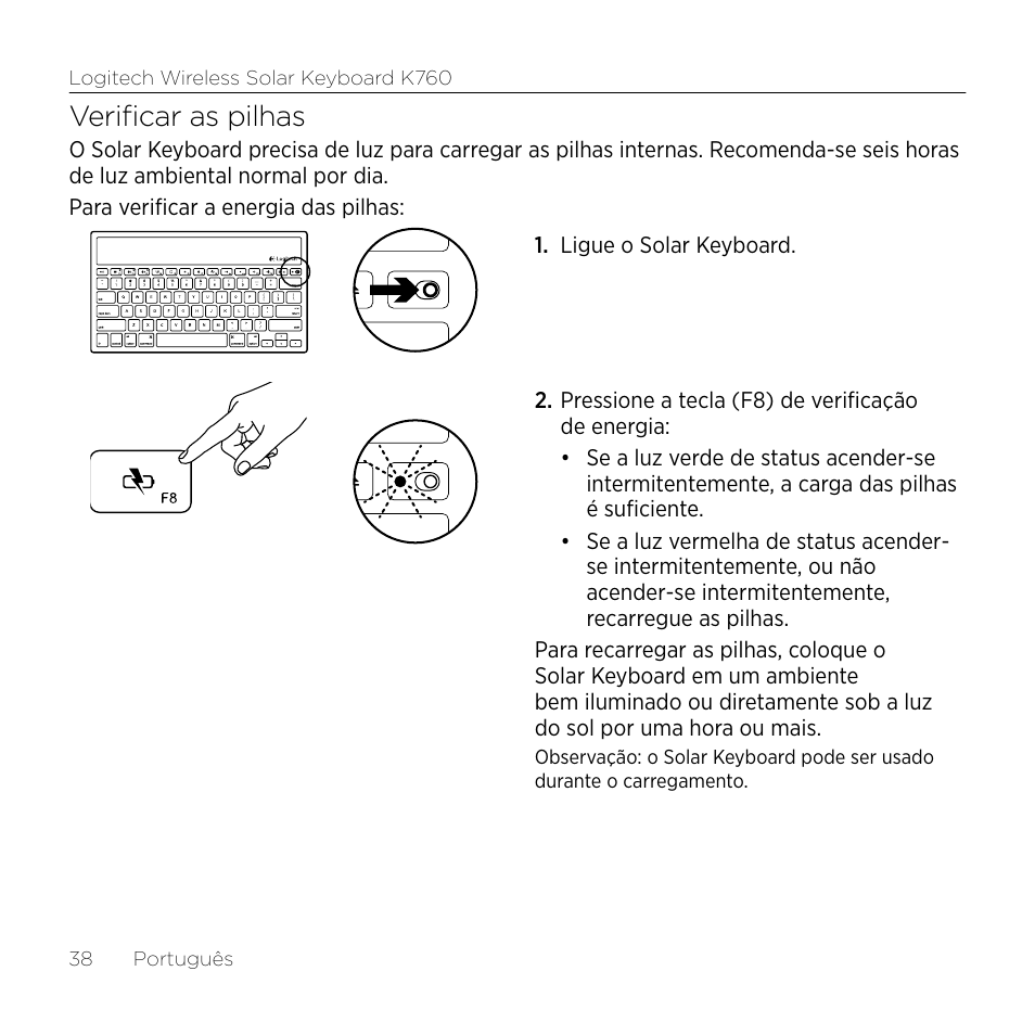 Verificar as pilhas | Logitech Keyboard K760 User Manual | Page 38 / 44