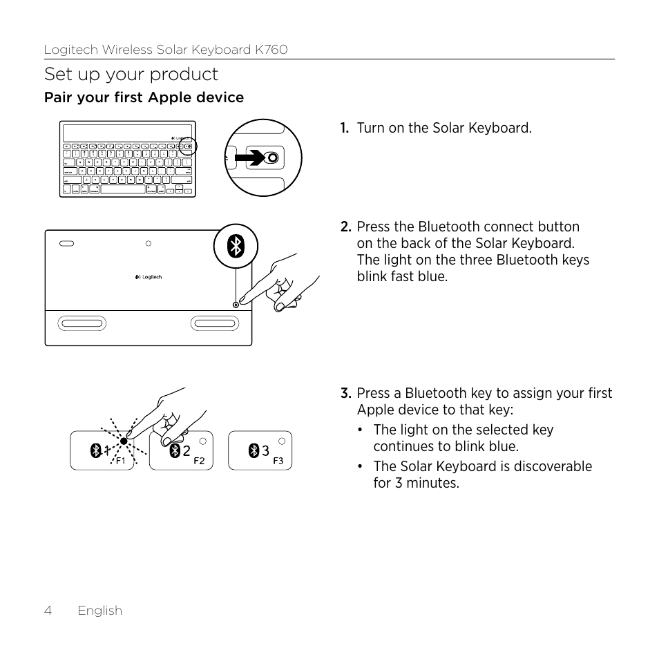 Set up your product | Logitech Keyboard K760 User Manual | Page 4 / 44