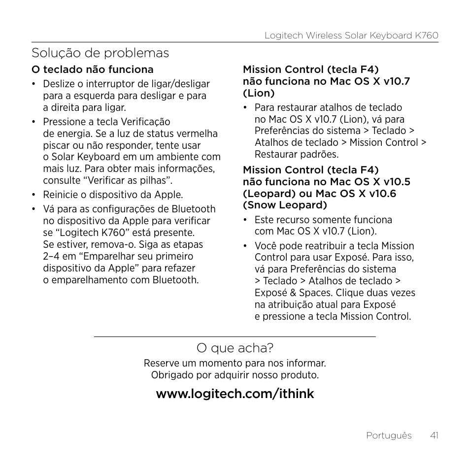 Solução de problemas, O que acha | Logitech Keyboard K760 User Manual | Page 41 / 44