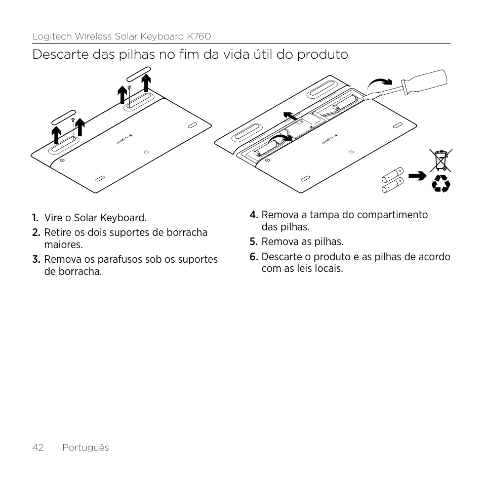 Descarte das pilhas no fim da vida útil do produto | Logitech Keyboard K760 User Manual | Page 42 / 44