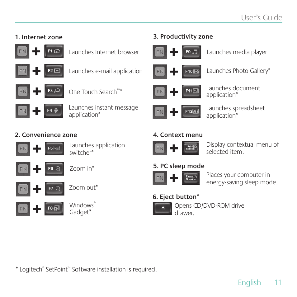 English, 11 user’s guide | Logitech MK700 User Manual | Page 11 / 60