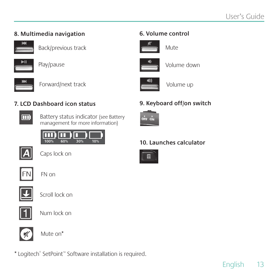 English, 13 user’s guide | Logitech MK700 User Manual | Page 13 / 60