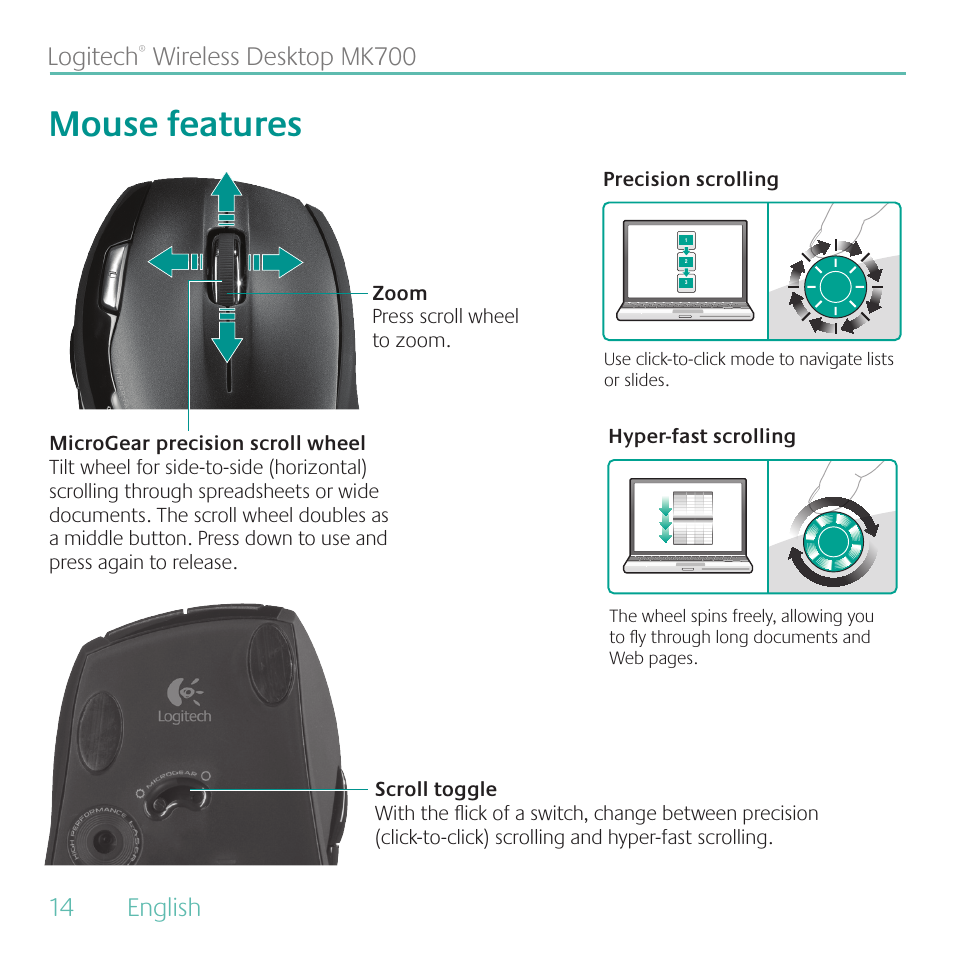 Mouse features, 14 english logitech, Wireless desktop mk700 | Logitech MK700 User Manual | Page 14 / 60