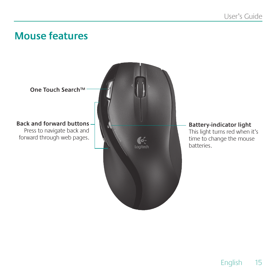 Mouse features | Logitech MK700 User Manual | Page 15 / 60