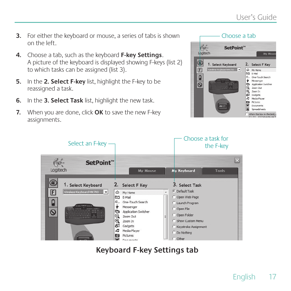 English, 17 user’s guide, Keyboard f-key settings tab | Logitech MK700 User Manual | Page 17 / 60