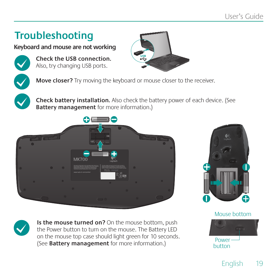 Troubleshooting, English, 19 user’s guide | Logitech MK700 User Manual | Page 19 / 60