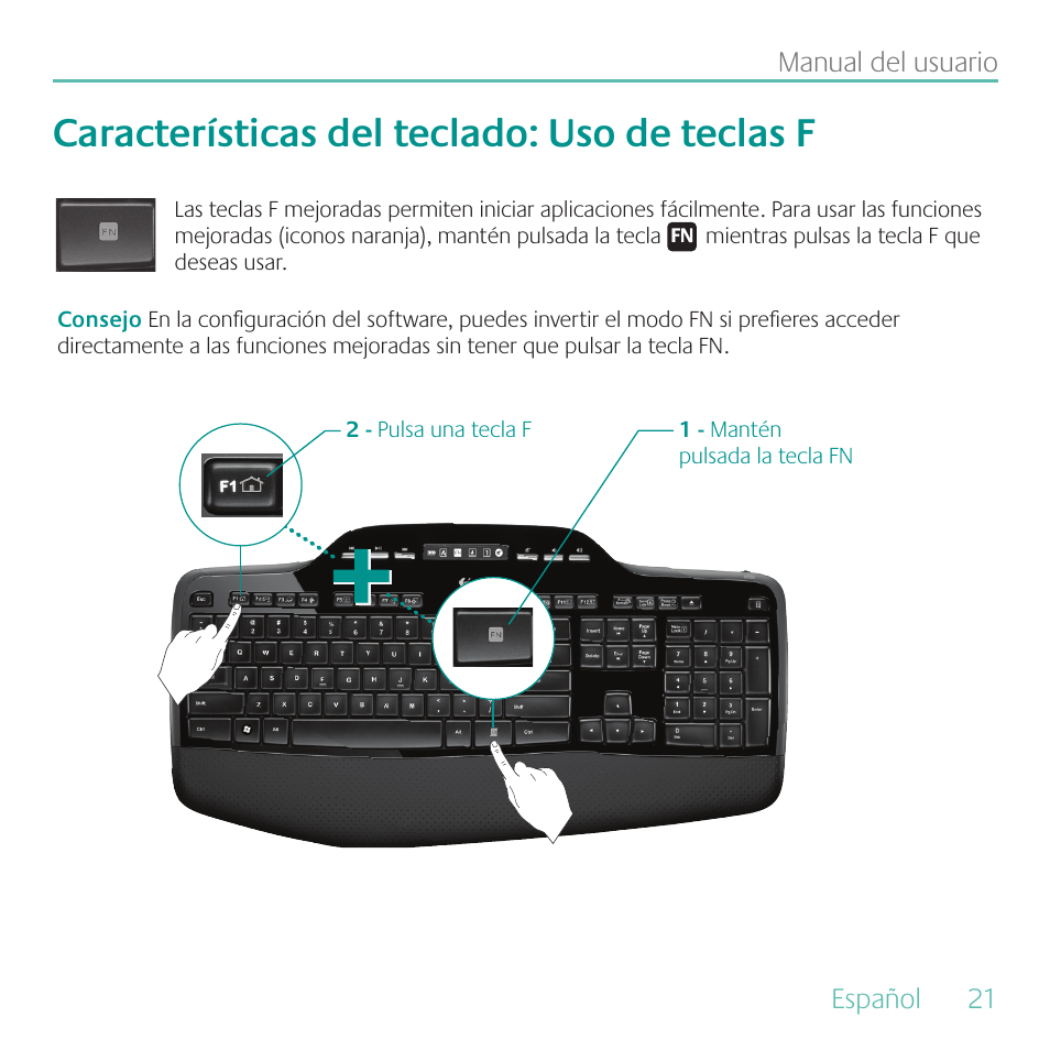 Características del teclado: uso de teclas f | Logitech MK700 User Manual | Page 21 / 60