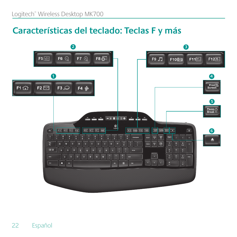 Características del teclado: teclas f y mбs, 22 español logitech, Wireless desktop mk700 | Logitech MK700 User Manual | Page 22 / 60