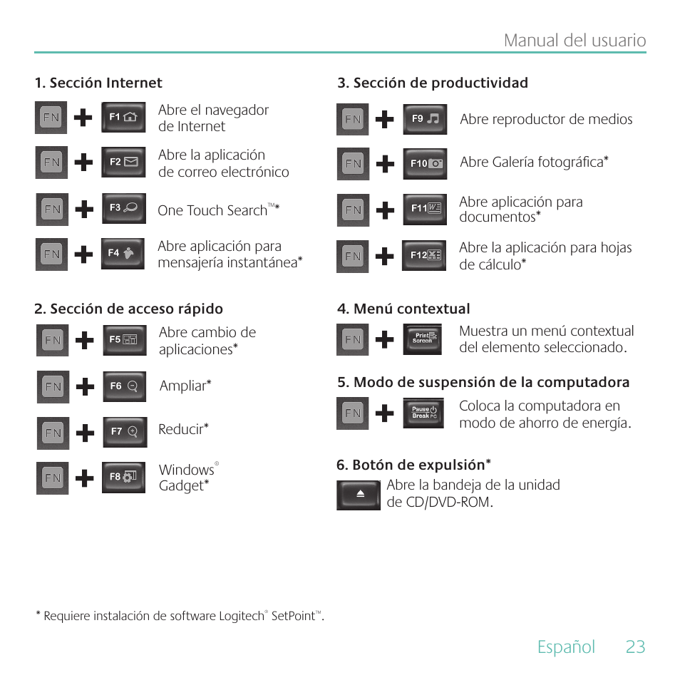 Español, 23 manual del usuario | Logitech MK700 User Manual | Page 23 / 60
