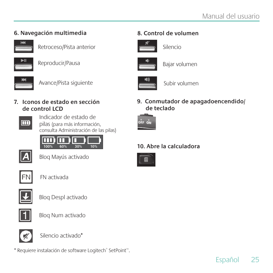 Español, 25 manual del usuario | Logitech MK700 User Manual | Page 25 / 60