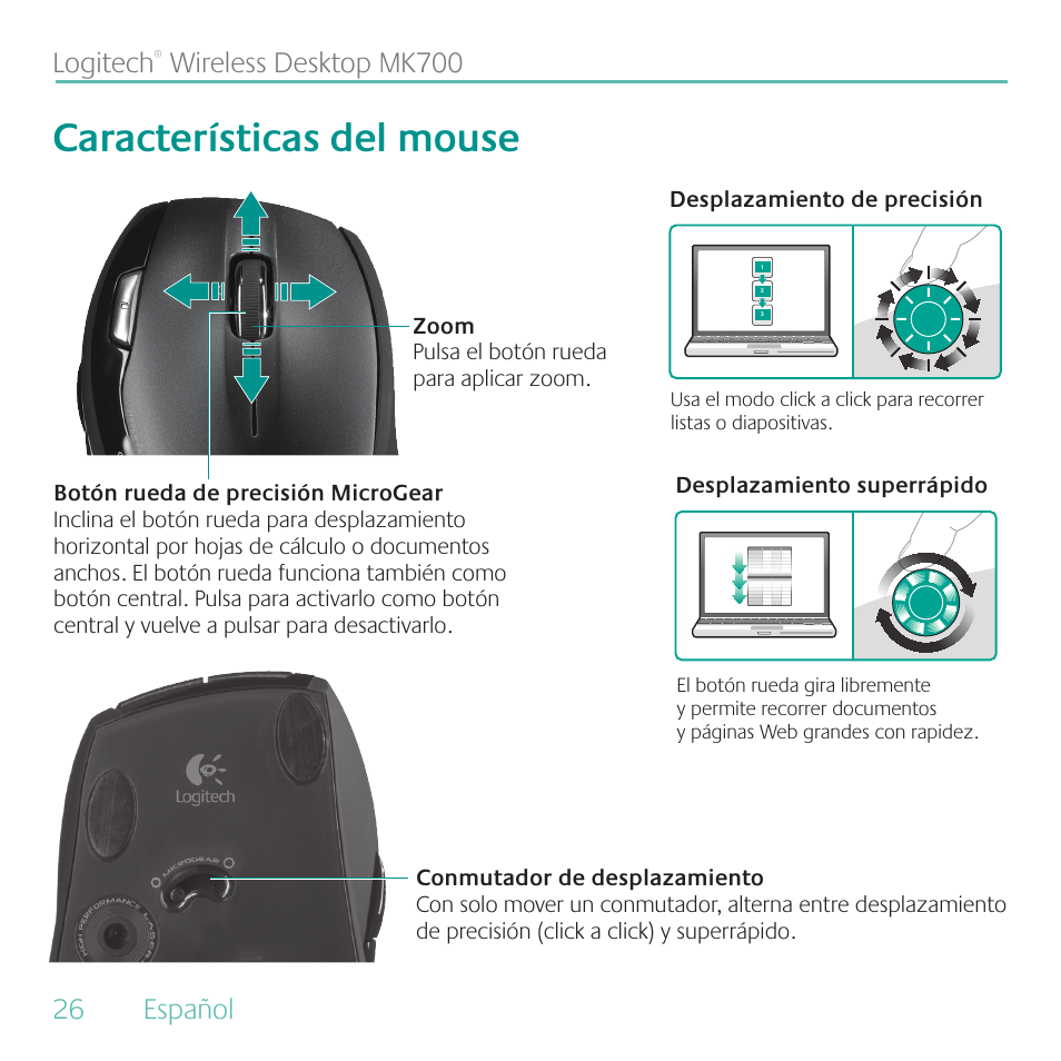 Características del mouse, 26 español logitech, Wireless desktop mk700 | Logitech MK700 User Manual | Page 26 / 60