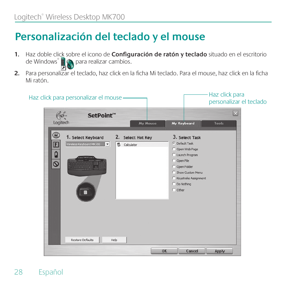 Personalización del teclado y el mouse, 28 español logitech, Wireless desktop mk700 | Logitech MK700 User Manual | Page 28 / 60