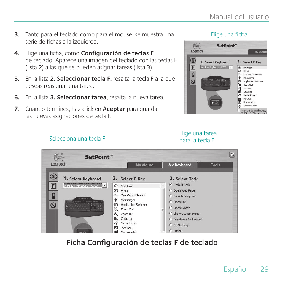 Español, 29 manual del usuario, Ficha configuración de teclas f de teclado | Logitech MK700 User Manual | Page 29 / 60