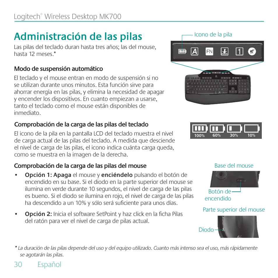 Administración de las pilas, 30 español logitech, Wireless desktop mk700 | Logitech MK700 User Manual | Page 30 / 60