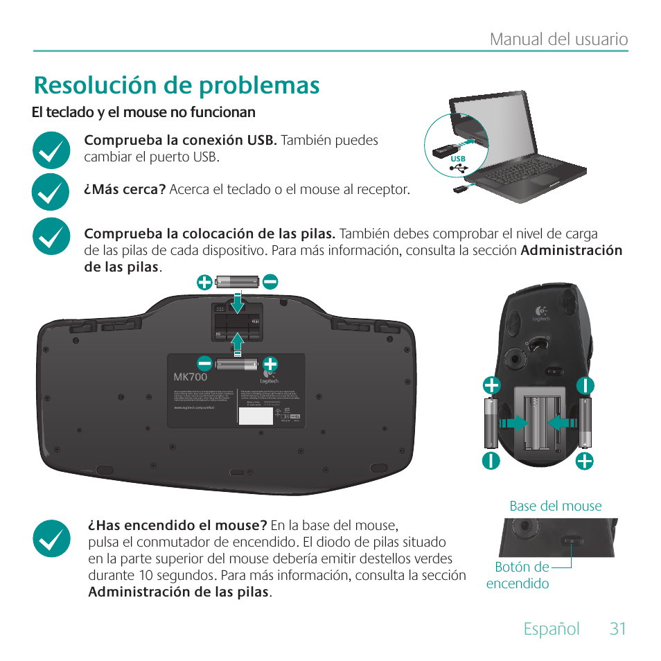 Resolución de problemas, Español, 31 manual del usuario | Logitech MK700 User Manual | Page 31 / 60