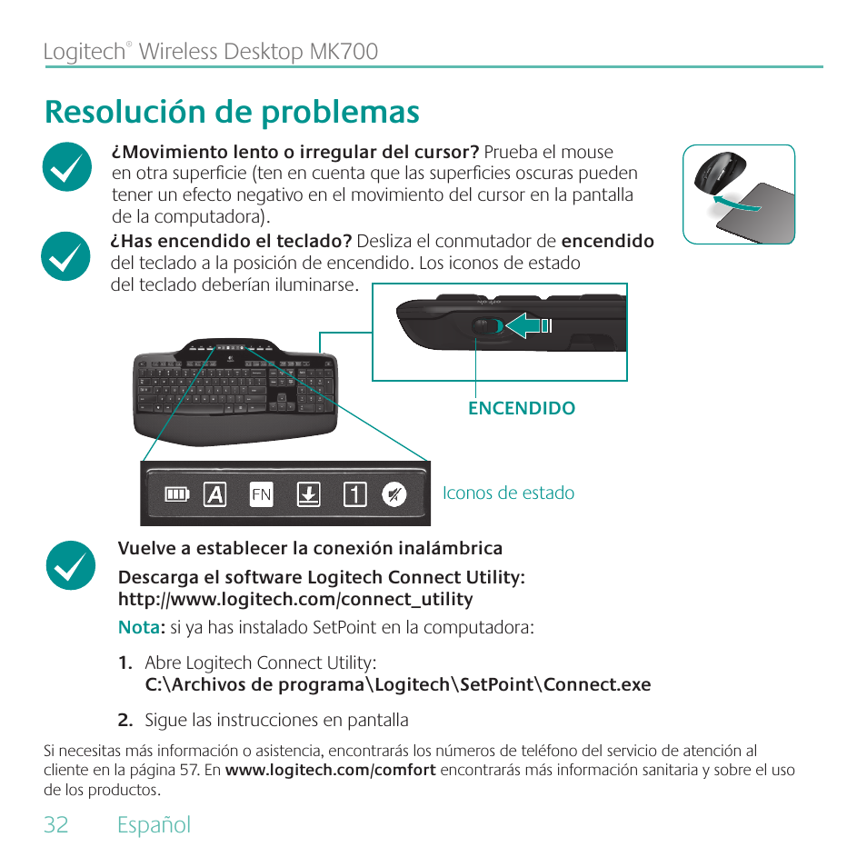 Resolución de problemas | Logitech MK700 User Manual | Page 32 / 60