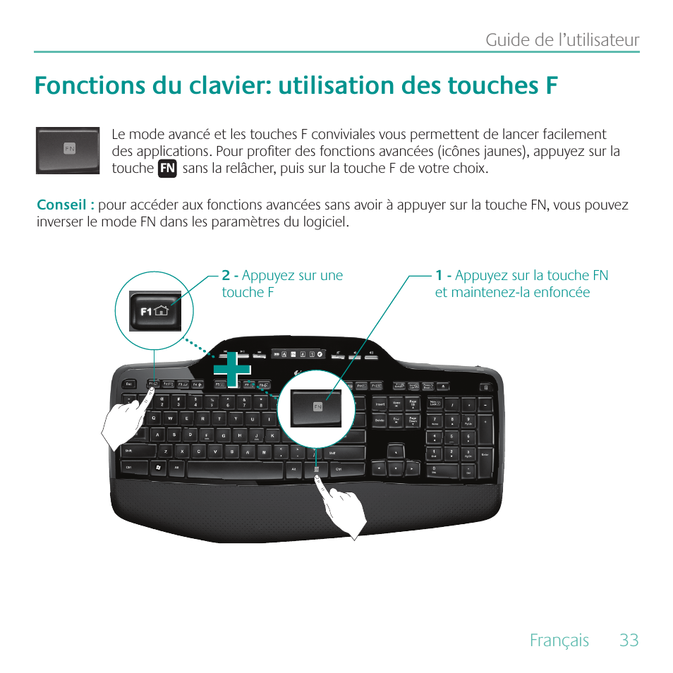 Fonctions du clavier: utilisation des touches f | Logitech MK700 User Manual | Page 33 / 60