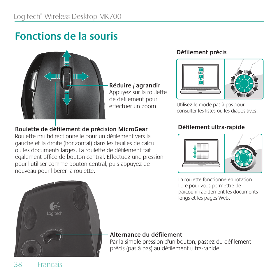 Fonctions de la souris, 38 français logitech, Wireless desktop mk700 | Logitech MK700 User Manual | Page 38 / 60