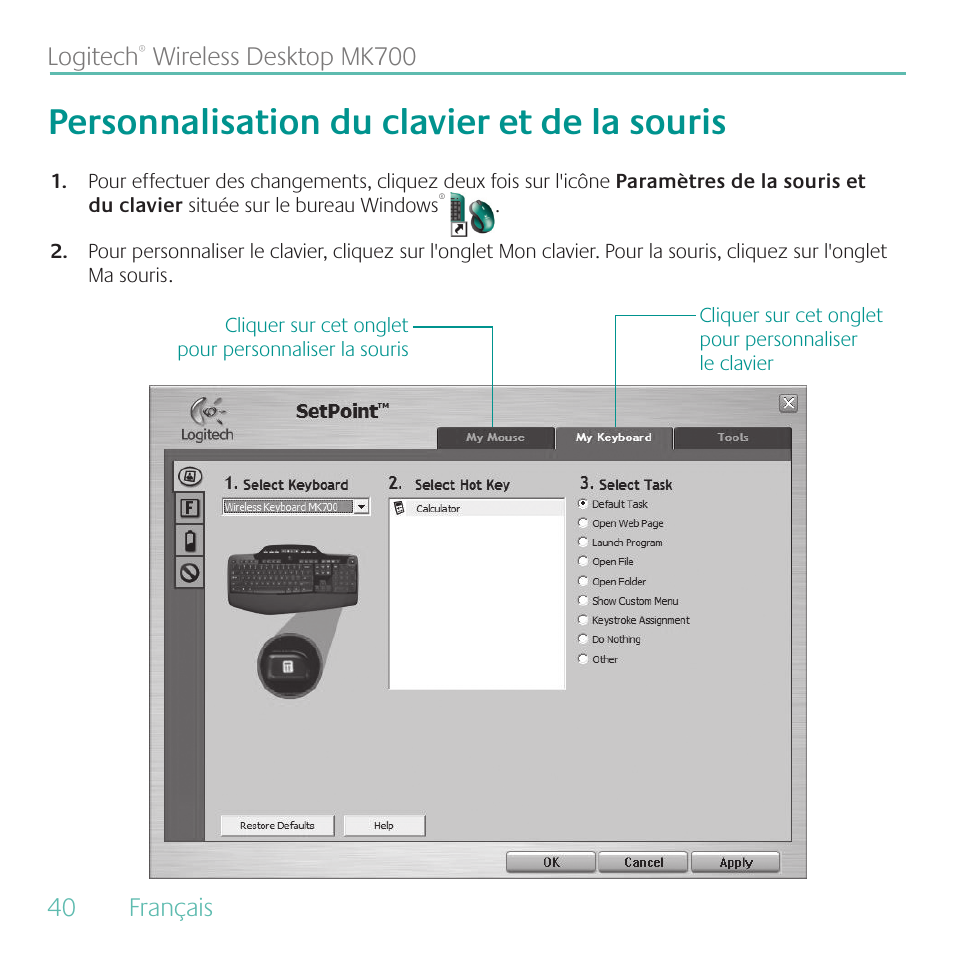 Personnalisation du clavier et de la souris, 40 français logitech, Wireless desktop mk700 | Logitech MK700 User Manual | Page 40 / 60