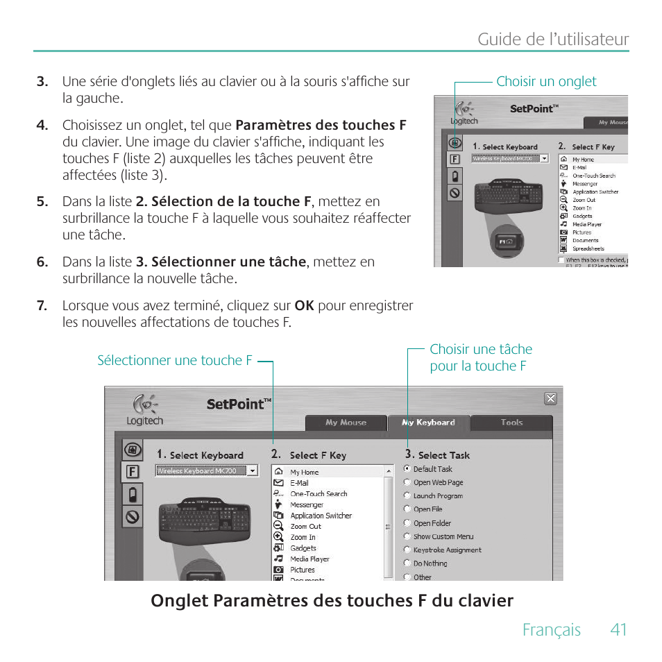 Français, 41 guide de l’utilisateur, Onglet paramètres des touches f du clavier | Logitech MK700 User Manual | Page 41 / 60