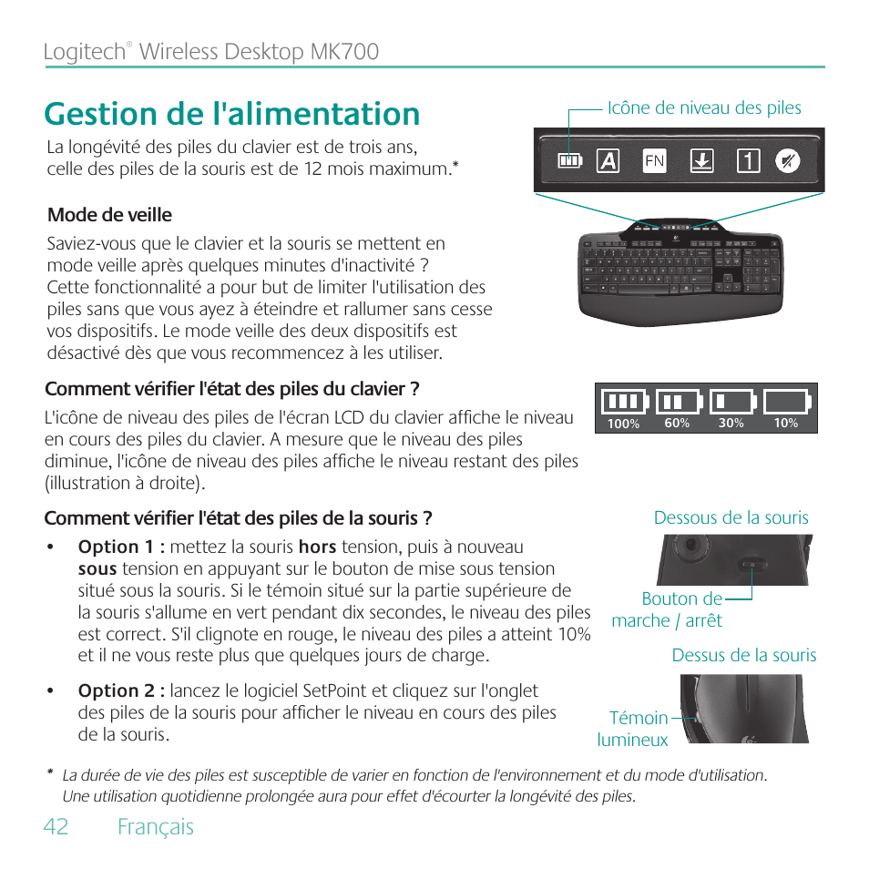 Gestion de l'alimentation, 42 français logitech, Wireless desktop mk700 | Logitech MK700 User Manual | Page 42 / 60