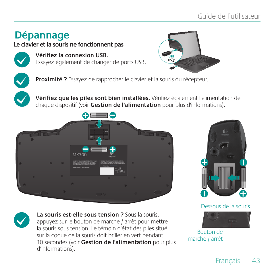 Dépannage, Français, 43 guide de l’utilisateur | Logitech MK700 User Manual | Page 43 / 60