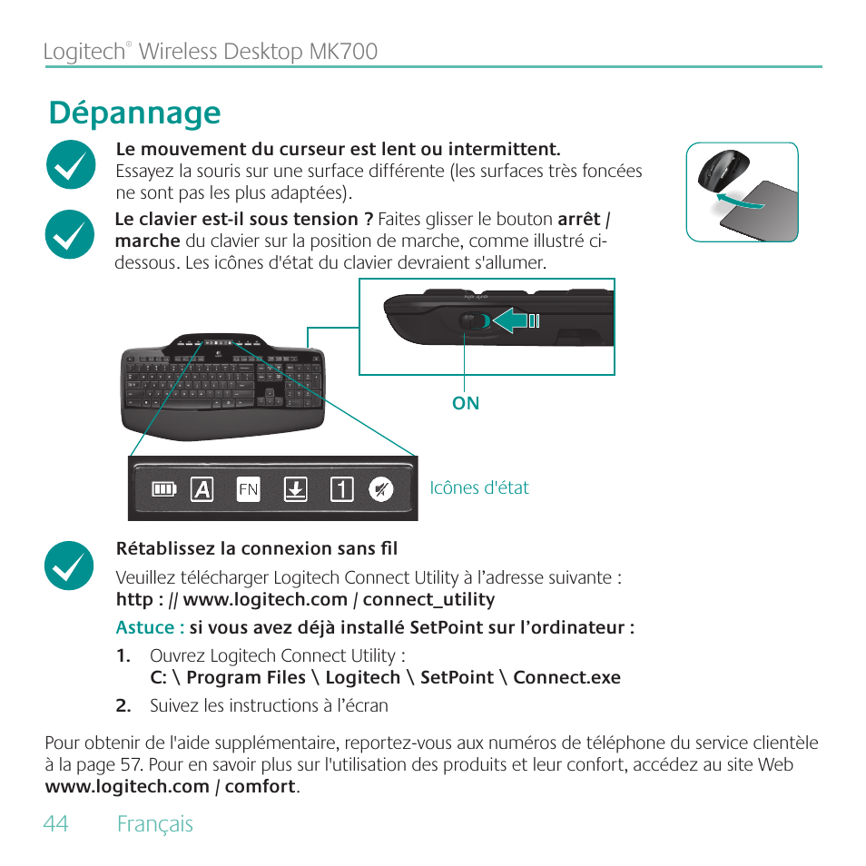 Dépannage | Logitech MK700 User Manual | Page 44 / 60