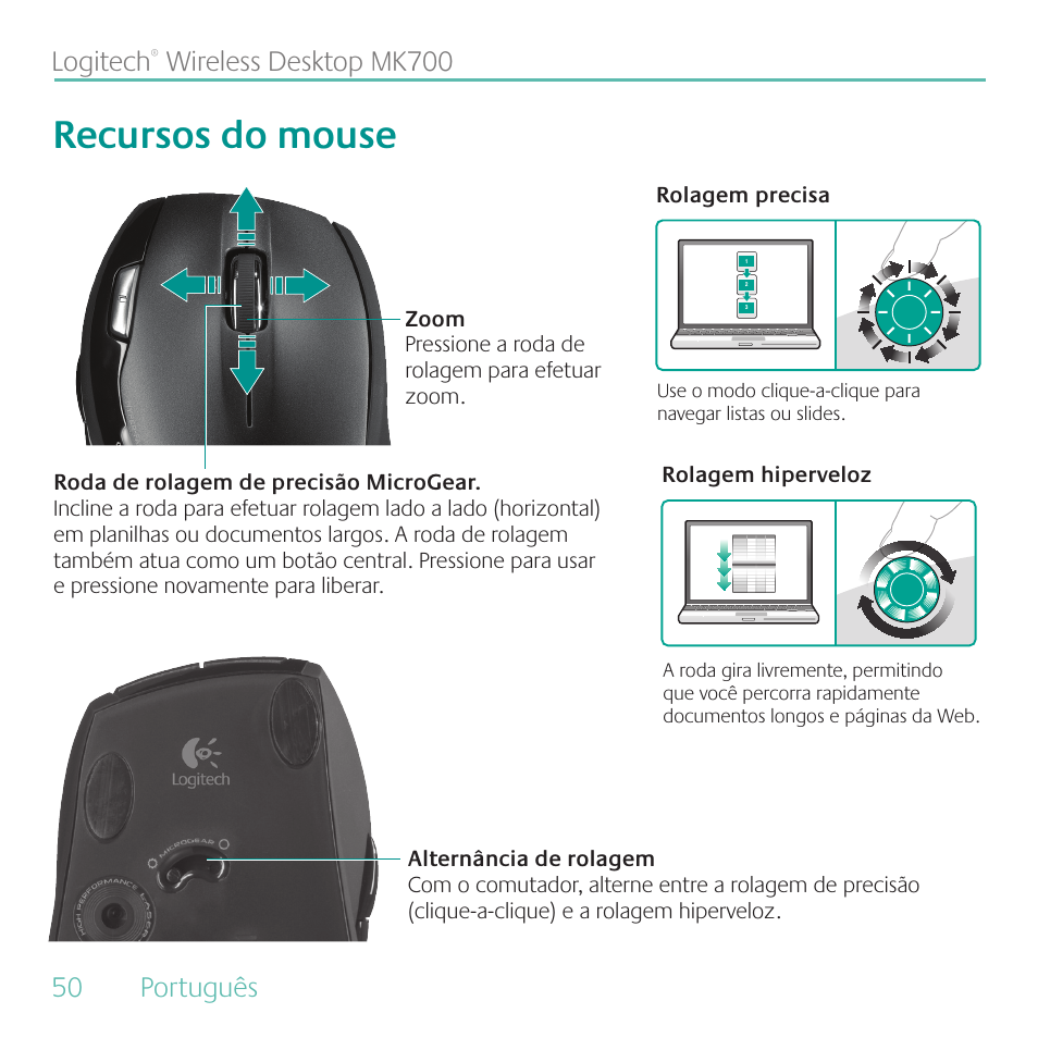 Recursos do mouse, 50 português logitech, Wireless desktop mk700 | Logitech MK700 User Manual | Page 50 / 60