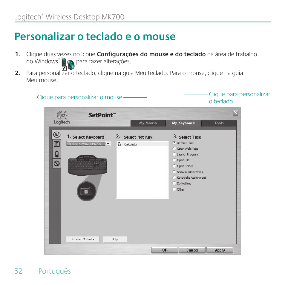 Personalizar o teclado e o mouse, 52 português logitech, Wireless desktop mk700 | Logitech MK700 User Manual | Page 52 / 60