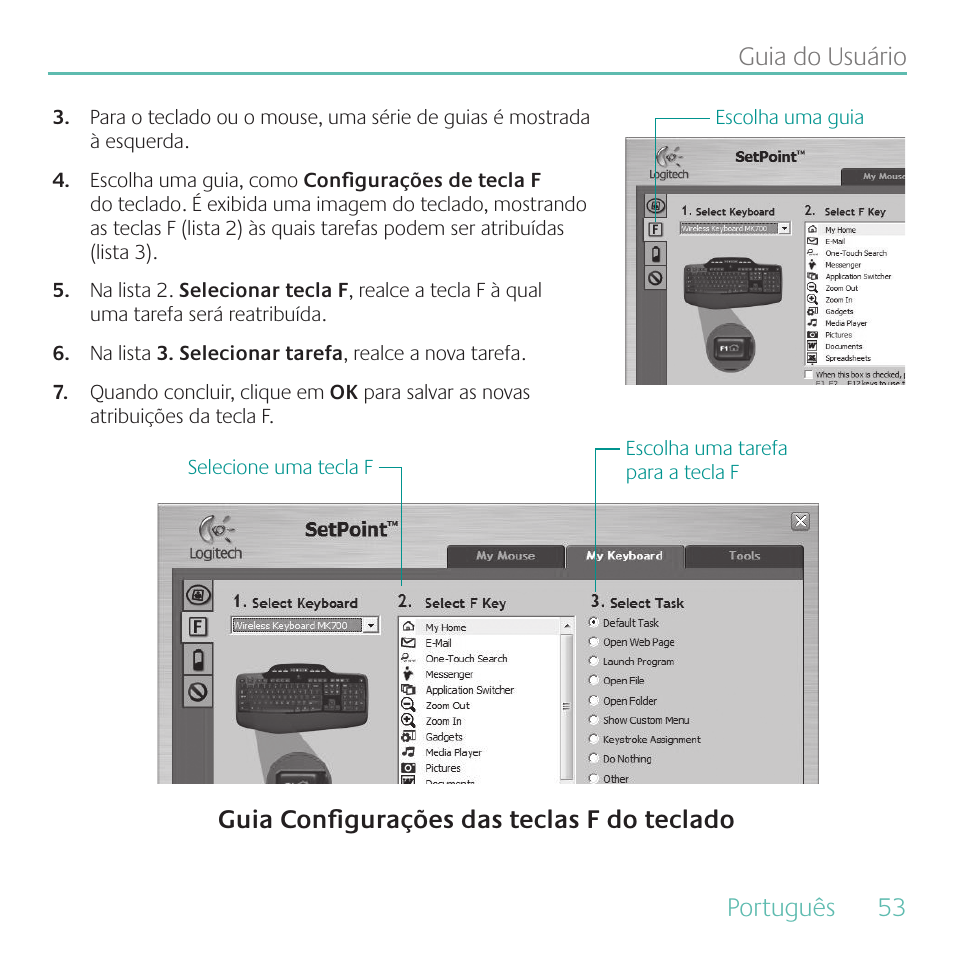 Português, 53 guia do usuário, Guia configurações das teclas f do teclado | Logitech MK700 User Manual | Page 53 / 60