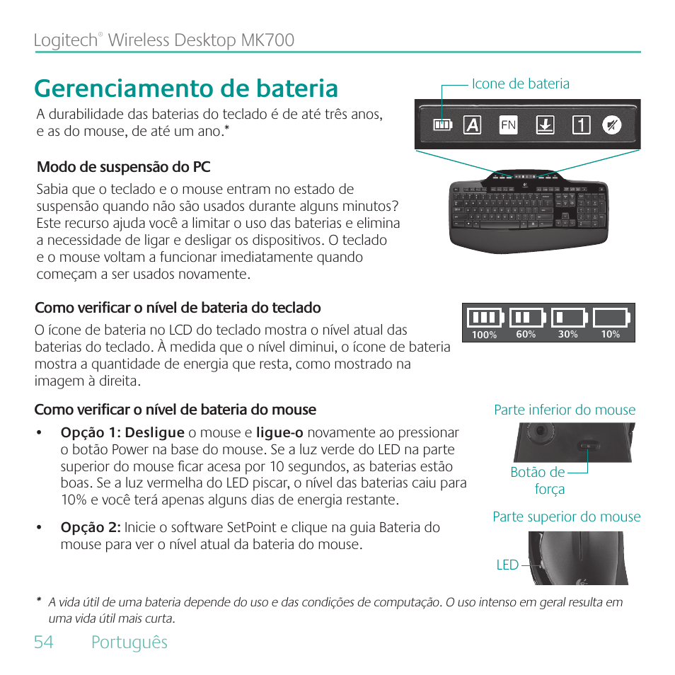 Gerenciamento de bateria, 54 português logitech, Wireless desktop mk700 | Logitech MK700 User Manual | Page 54 / 60